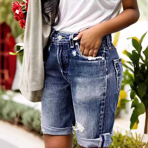 Womens Jeans Summer Water Washed Elastic Perforated Flipped Slim Fit Denim Shorts