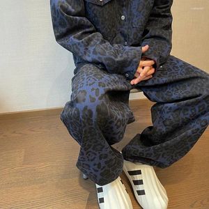 Мужские джинсы Американский винтаж вымытый синий леопардовый печатный шахт мужской мужской улица Хараджуку Хип -хоп Прямые штаны Y2K Casual