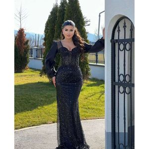 Prom Simple Black Mermaid Full ärmar Formella OCN Vestidos de Noche Evening Party Dresses Custom Made Made