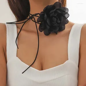Hänghalsband överdrivna svartvit romantiska blommakokerhalsband för kvinnor vintage elegant sexig justerbar repkedja hals smycken