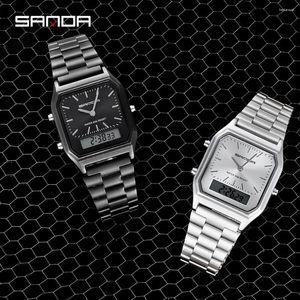 Wristwatches SANDA G Style Mens Luxury Watches Stainless Steel LED Digital Dual Display Clock Unisex Waterproof Swim Sports Quartz Watch