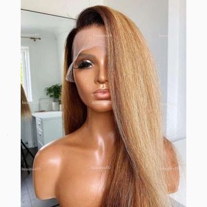 Preplucked Synthetic Daily Party Wear 26 Inch Long Soft Glueless Kinky Straight 180 Density Ombre Blonde Yaki Lace Front Wig For Black Women With Baby Hair