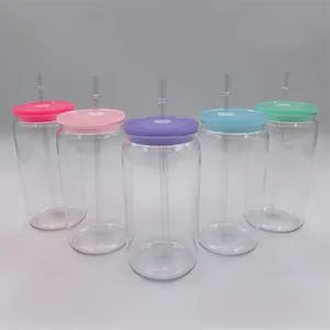 16oz Plastic Can Cups Unbreakablea Acrylic Tumbler Reusable BPA Free Sippy Cup Drinking Cold Juice Jar Beverage Mugs With Colored Lids & Straws For UV DTF Wraps