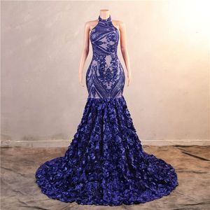 Royal Cascading Ruffles Blue Mermaid Prom Virts Ensected Lace Flowers Halter Neck Backless Long Long Women Orvid Party Made Made BM
