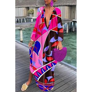 Sukienki swobodne kobiety vintage maxi designerskie sukienki Summer SEXY głęboki V Nakień długowy rękaw Boho nadruk długa sukienka żeńska plaża pokrywka elegancka szata letnia ubranie s 613