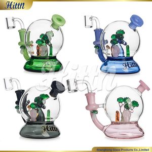 2024 New Mini Dab Rig Bubbler 420 Hand Blown Grehting Pine Perc Oil Rigs Glass Water Pipe with 14mm Quartz Banger Green Black Pink 5.4 ''