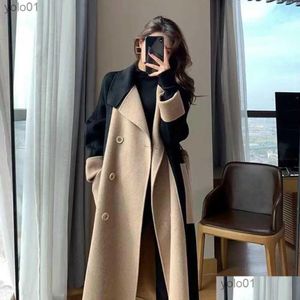 Womens Wool Blends Women Overcoat Color Matching Double-Breasted Winter Coat Mid Length Double-Sided Turn-Down Collar Lady For Drop De Ot0Iw
