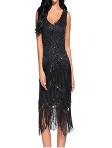 Sexy Sleeveless Royal Black Embroidery Fringe Great Gatsby Party Dress Women 1920s Dress Sequin Beaded Tassels Hem Flapper Dress7199624