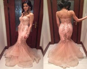 2019 Blush Mermaid Prom Dresses Sweet Heart Backless Appliques BEAD