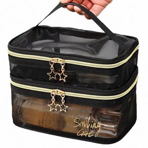 double -layer Mesh Storage Bags Large-Capacity Black Makeup Cosmetic Case Casual Toiletry W Travel Organizer Pouch Holder W2b1#