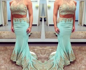 Two Pieces Dresses Party Evening Gowns Sheer Neck Gold Applique Mermiad Prom Dresses Sweep Train Satin Celebrity Formal Homecoming6656074