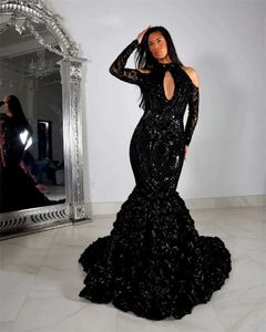 Sexy High Neck Long Prom Dresses For Black Girls Sparkly Sequined Birthday Party Dresses Mermaid Ruffles Evening Gown