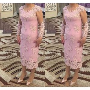 Pink Mother New Off Bride Dresses Long Sleeves Lace Appliques Sheath Tea Length Wedding Guest Dress Formal Plus Size Prom Evening Gowns