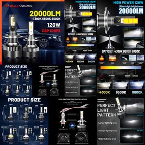 2024 2024 H4 H4 PEADLOGGIO LED 20000LM CHIP CSP LED H7 H1 H11 H8 H9 9005 9006 HB3 HB4 120W 4300K 6500K 8000K PTF Bulb Ice Fog Bullvision