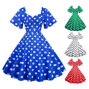 Casual Dresses Women Evening Dress Retro Color Matching Dot Print A-Line V Neck Big Swing Short Ruffle Sightes Tight High midjan Back dragkedja