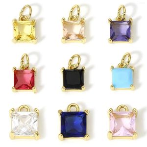 Charms 2 st 18K Real Gold Plated Square för smycken som gör flerfärgade kubiska zirkoniumkopparhalsband Diy 9mm x 7mm