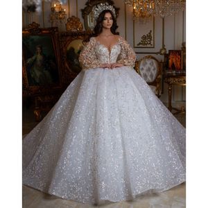 Kleider Glitzer Hochzeitskugelkleid funkelnde Spitzen Applikationen Langarmes Brautkleider Prinzessin Brautkleid für Frauen Robe de Mariage s