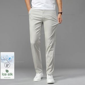 Summer Ultrathin Mens Ice Silk Casual Pants Soft Wygodne stałe kolor elastyczne biznes proste spodnie marka Biege Khaki 240415