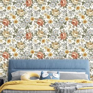 Wallpapers Tricolor Rose Wallpaper Peeled And Pasted White/Red/Yellow Floral Self-adhesive Wall Sticker Bedroom Walls Home Decoration