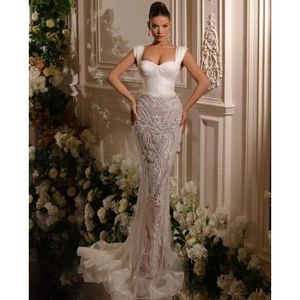 Evening Elegant Mermaid Sleeveles V Neck Straps Lace Satin Beaded Appliques Sequins Floor Length Formal Prom Dresses Plus Size Gowns Party Dress