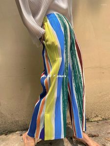 여자 바지 miyake 주름 줄무늬 줄무늬 인쇄 대비 여름 측면 스플릿 하이 허리 스트레이트 다리 와이드 크롭