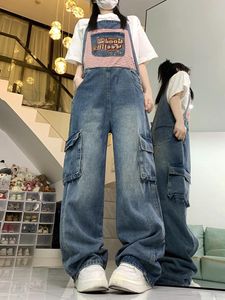 女性のジーンズ韓国モデルレトロファンレター刺繍デザイン女性のためのデニムストラップパンツサマーカバー肉ゆるくて広い脚のズボン