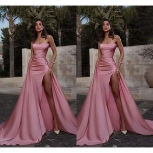 Sexy Pink High Thigh Split Evening Dresses New Designed Backless Strapless Mermaid Prom Party Gowns Arabic Vestidos Custom made BC15337