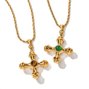 Designer Trend 18K Gold rostfritt stål Cross Pendant Halsband för kvinnor med tigerögon som inte bleknar fashionabla smycken grossist