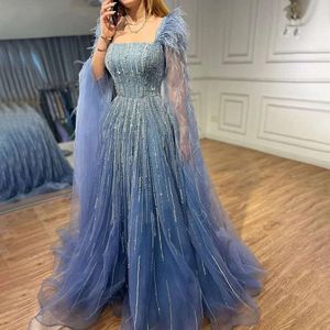 Serene Hill Luxury Dubai A Line Blue Cape Sleeves Feathers Beaded Evening Dreess Women Party