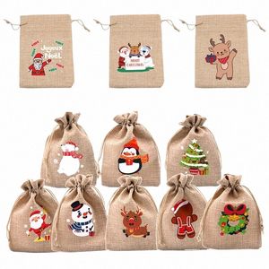 1pc Christmas Linen Burlap Bag Santa Claus Snowman Elk Drawstring Gift Bags Candy Storage Bags Xmas Pounch New Year L7YQ#