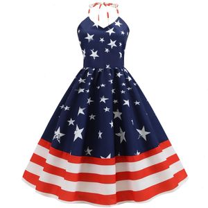 American Independence Day Retro Women Hanter zawinięty gwiazda klatki piersiowej drukowana duża sukienka huśtawka