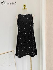 Casual Dresses 2024 Spring French Style Socialite Exducite Rhinestone Pärled ärmlös klänning Sexig mode Slim Fit A-Line Vest Women