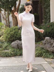 Ethnic Clothing Chinese Vintage Printed Satin Cheongsam Retro Elegant Slim Long Dress Short Sleeve Qipao Traditional