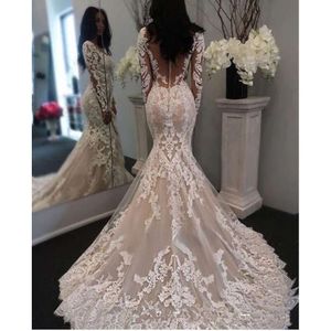 New Illusion Long Sleeves Lace Mermaid Dresses Tulle Applique Court Princess Wedding Bridal Gowns With Buttons