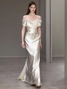 2024 Sexy Satin Mermaid Hochzeitskleid für Braut Illusion Brautkleider reine Hals lange Off Schulter Einfache Hochzeitskleider für afrikanische Nigeria Schwarze Frauen Boho Wed Kleid