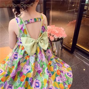 Girl Dresses Humor Bear Kids Clothes Oil Painting Wind Dress Sweet Princess Skirt Floral Sundress Back Bow For 3-7Y