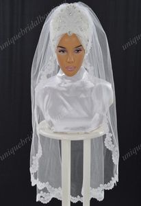 Muslimska bröllopslöjor med pärlor och spetsapplikationer Verkliga modellbilder redo att bära brudhijab armbågslängd Hazir Gelin Turban3041446