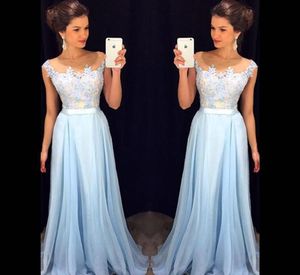 Light Blue Long Prom Dresses A Line 2016 Jewel Neck lace Applique Illusion Bodice See Through vestido de festa Evening Gown6034350