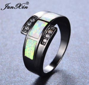 Wedding Rings JUNXIN White Fire Opal Ring With Zircon Vintage Black Gold Filled Jewelry For Men And Women Christmas Day Gift9626480