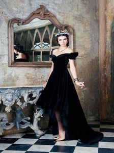 Vintage Black Velvet Formal Evening Dresses With Sexy Off Shoulder Hi Lo Back Lace up Pageant Prom Gowns 2016 Robe de Soiree9614965
