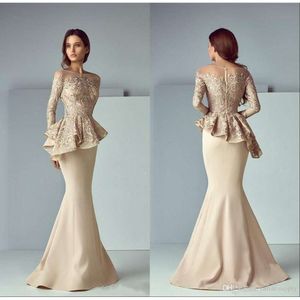 Champagne Dubai Arabic Lace Stain Peplum Mermaid Mother Of The Bride Dresses Sheer Neck Long Sleeve Elegant Evening Formal Gowns