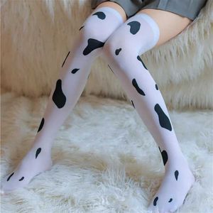 Meias de cosplay de mulheres sexy meias kawaii manchas de vaca estampadas coxa altas meias fofas adorável leite meios de meia -calça de mujer kawaii menina 240416