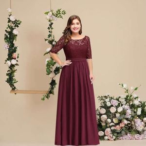 Burgund Brautjungfernkleid mit einem 3/4 Aleeved Chiffon -Kleid mit Spitzenmieder Illusionshülle Vollgekleidetes Reißverschluss Rückenkleider CPS522