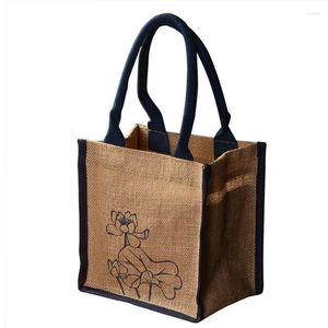 Shopping Bags Jute Burlap Tote Printing Lotus Large Reusable Grocery With Handles Women Bag Beach Travel Storage Organizer