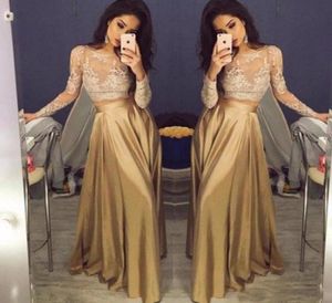 Seethrough Lace Long Sleeve Two Piece Prom Dresses 2017 Golvlängd Custom Made Gold Satin Party Dress 9628184