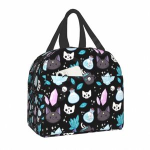 herb Witch Pattern Insulated Lunch Bag for School Office Halen Cat Skull Leakproof Cooler Thermal Bento Box Women Children E5XL#