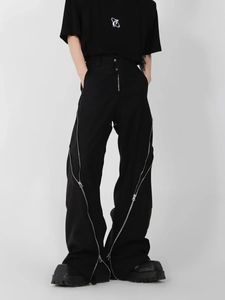 American trendy brand men black zipper design slit slightly flared pants vertical feeling straight casual retro trousers 240415