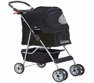 4 hjul husdjur barnvagn katthundbur barnvagn rese fällbar bärare svart6443073