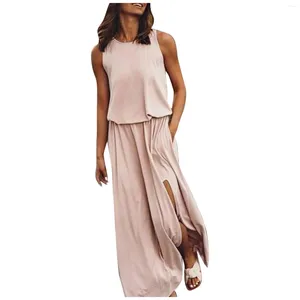 Casual Dresses Ladies Round Neck Sleeveless Split Maxi Dress Womens Classic Solid Color Formal Plus-size Loose Beach