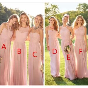 Pink Long Bridesmaid Mixed Neckline Chiffon Summer Lace Formal Prom Party Maid Of Honor Dresses Plus Size Custom Made